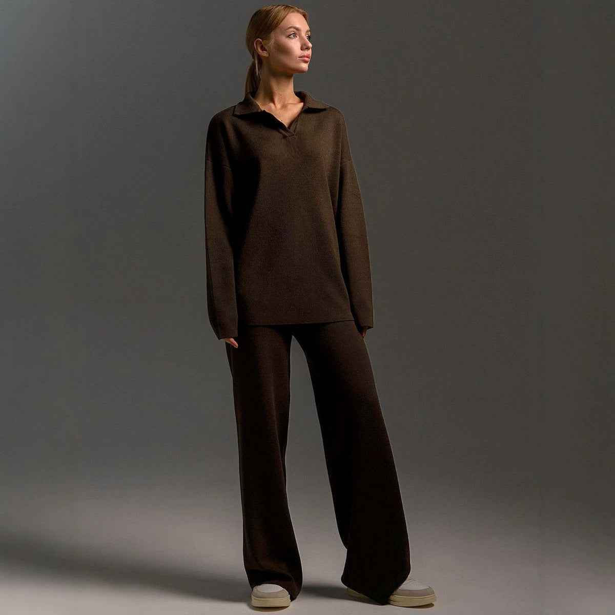 Winter Solid Color Polo Neck Wide Leg Pants Two-Piece Set for Women