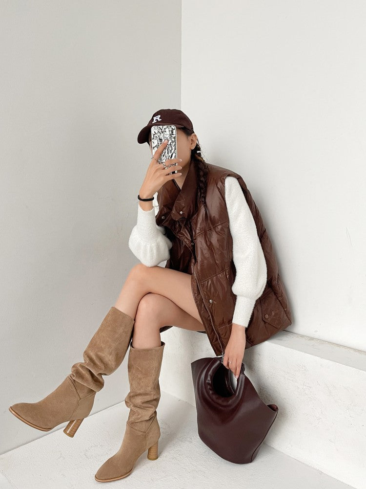 Women's Knee High Boots – Tan Suede Slouch Boots with Block Heel
