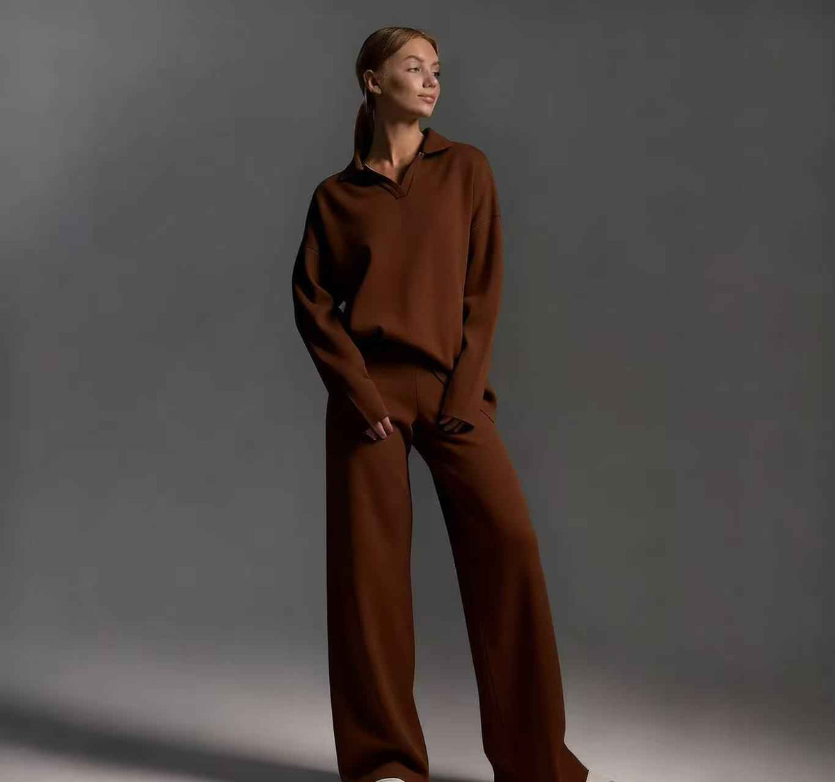 Winter Solid Color Polo Neck Wide Leg Pants Two-Piece Set for Women