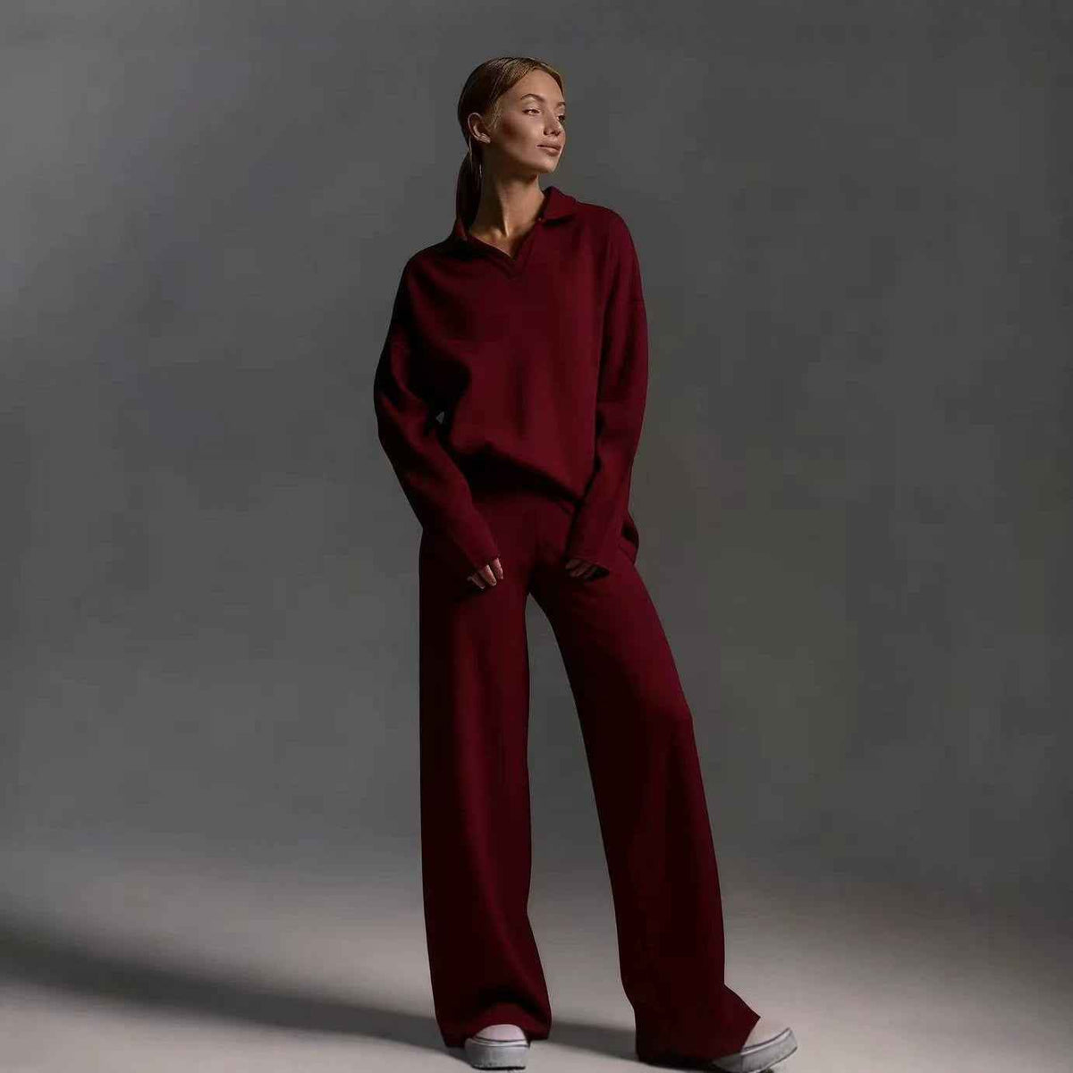 Winter Solid Color Polo Neck Wide Leg Pants Two-Piece Set for Women