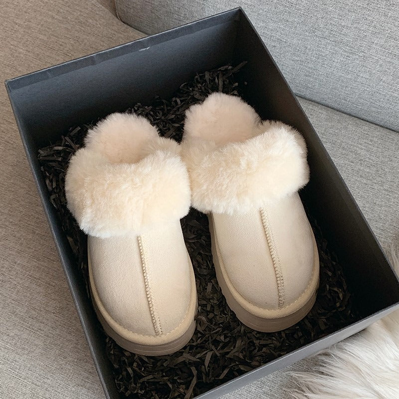Platform Fur Cuff Slippers – Women's Suede Winter House Shoes