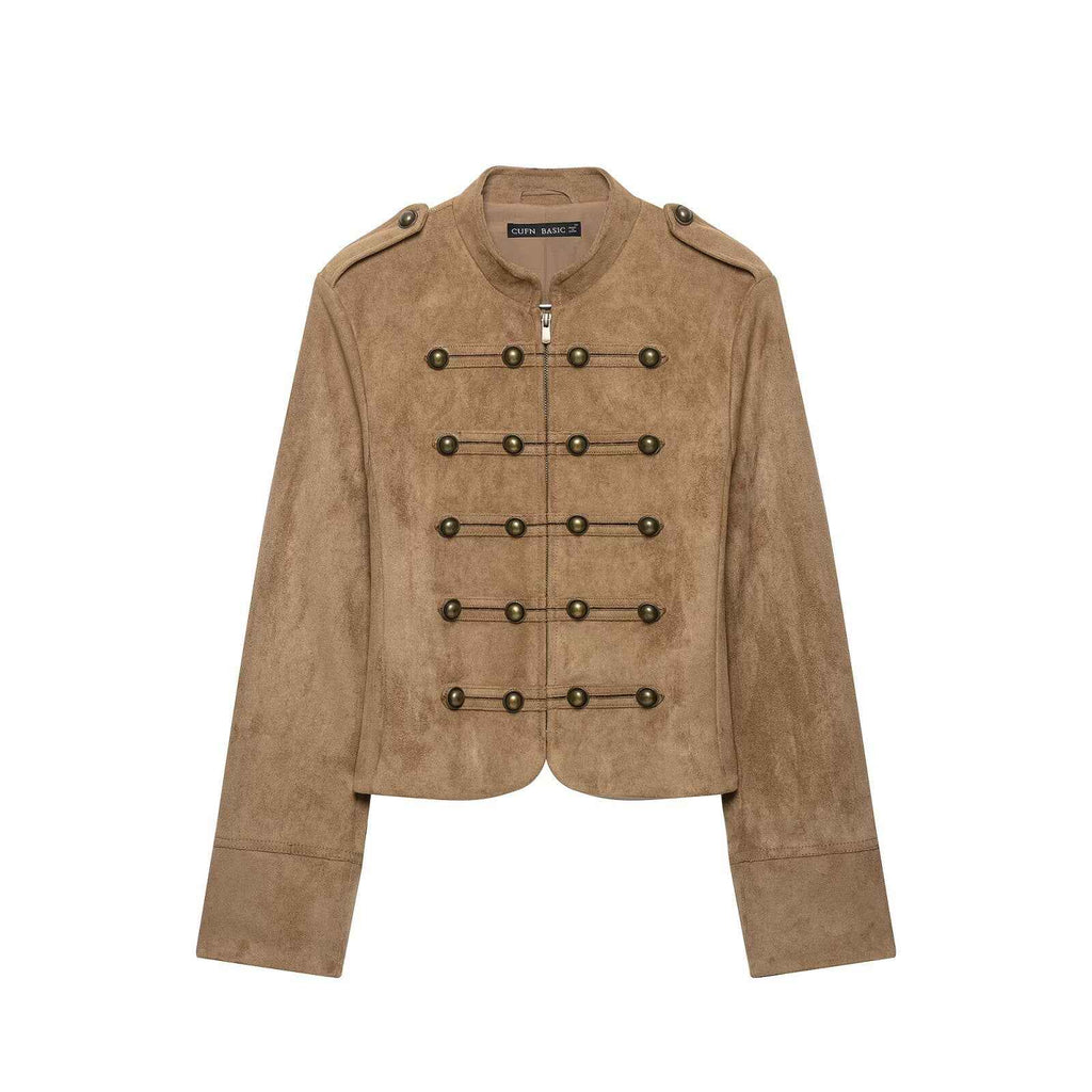 Suede Texture Rope Knot Button Zipper Jacket for Women