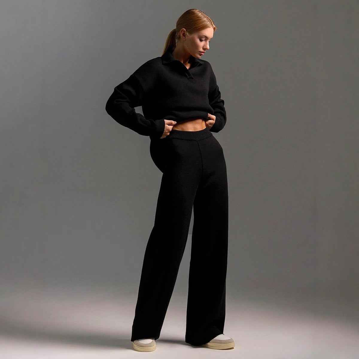 Winter Solid Color Polo Neck Wide Leg Pants Two-Piece Set for Women