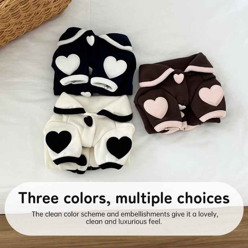 Pet pajamas, plush onesie, Bichon warm vest, heart-print winter dog clothes, two-leg snap-button puppy outfits.