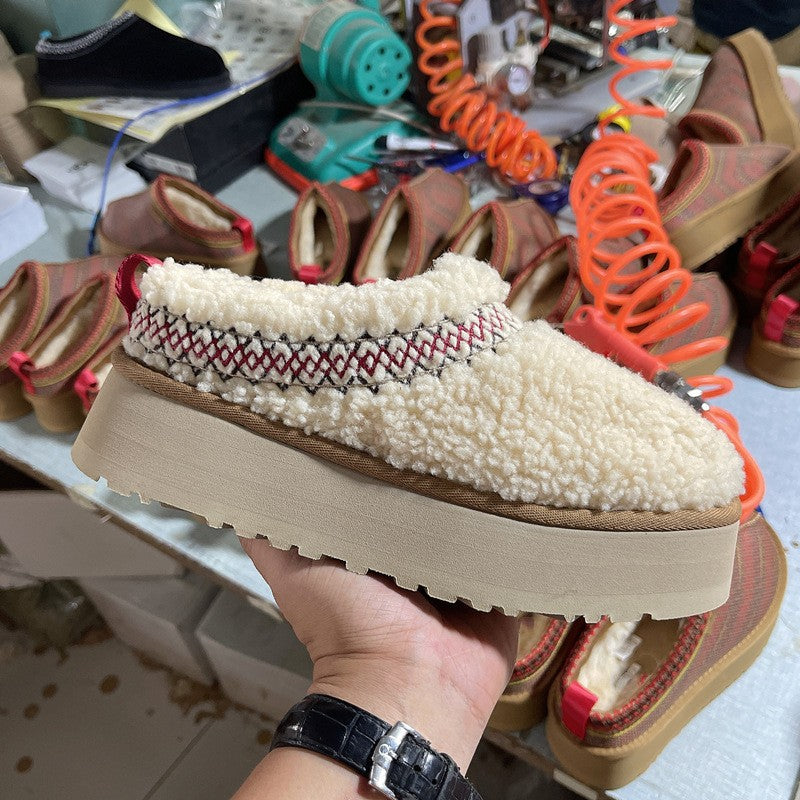 Ethnic Style Woven Chunky Sole Snow Boots for Women, Inner Heel Lift, Faux Fur Lined Cotton Boots, Slip-On, Cowhide Wool Lined, Warm, Anti-Slip