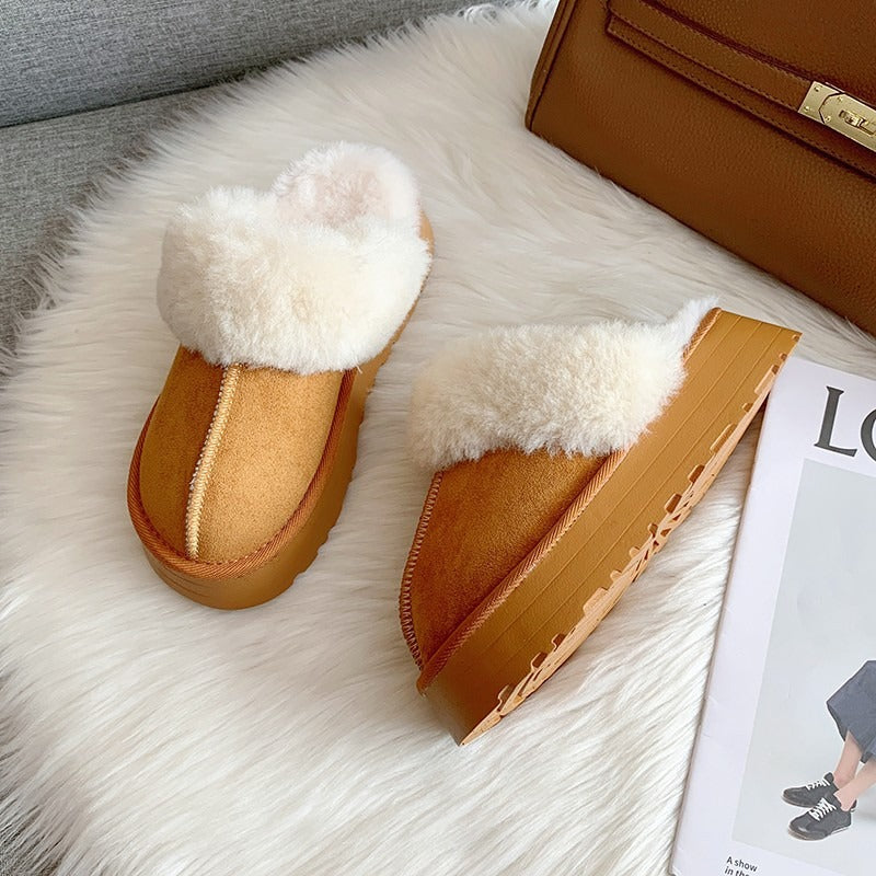 Platform Fur Cuff Slippers – Women's Suede Winter House Shoes