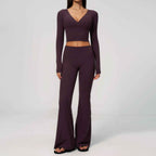Long Sleeve Flare Yoga Set – V-Neck Crop Top & High-Waisted Flare Pants