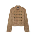 Suede Texture Rope Knot Button Zipper Jacket for Women