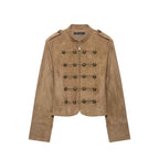 Suede Texture Rope Knot Button Zipper Jacket for Women