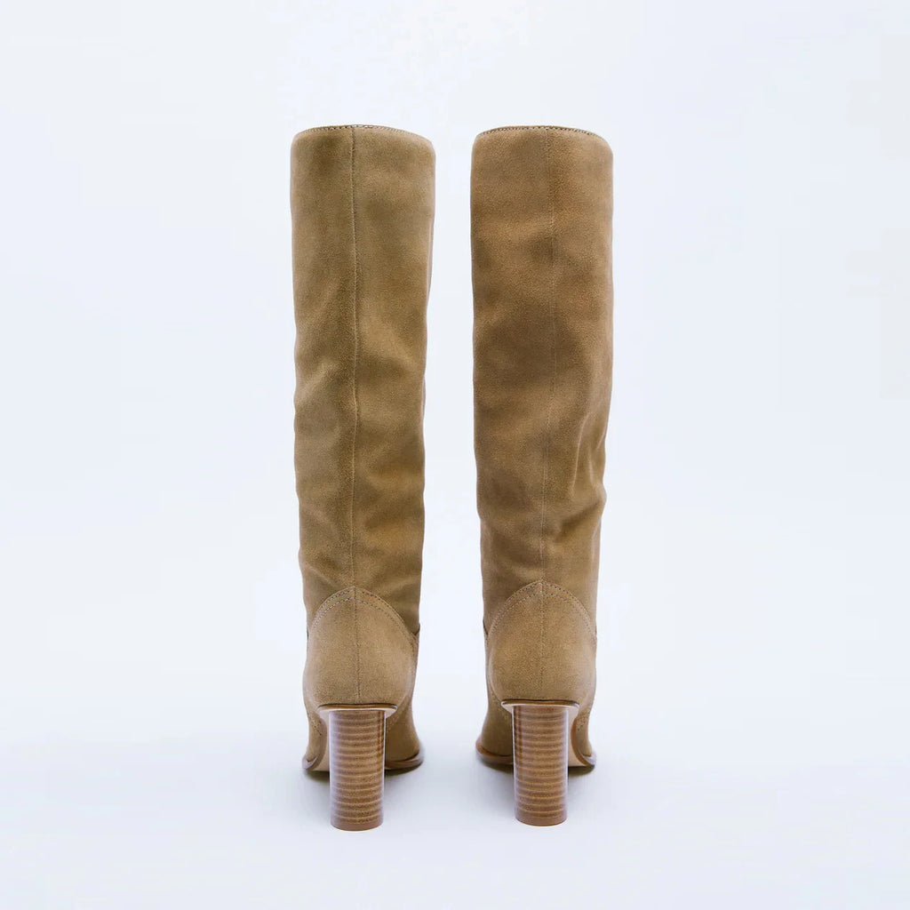 Women's Knee High Boots – Tan Suede Slouch Boots with Block Heel