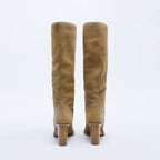 Women's Knee High Boots – Tan Suede Slouch Boots with Block Heel