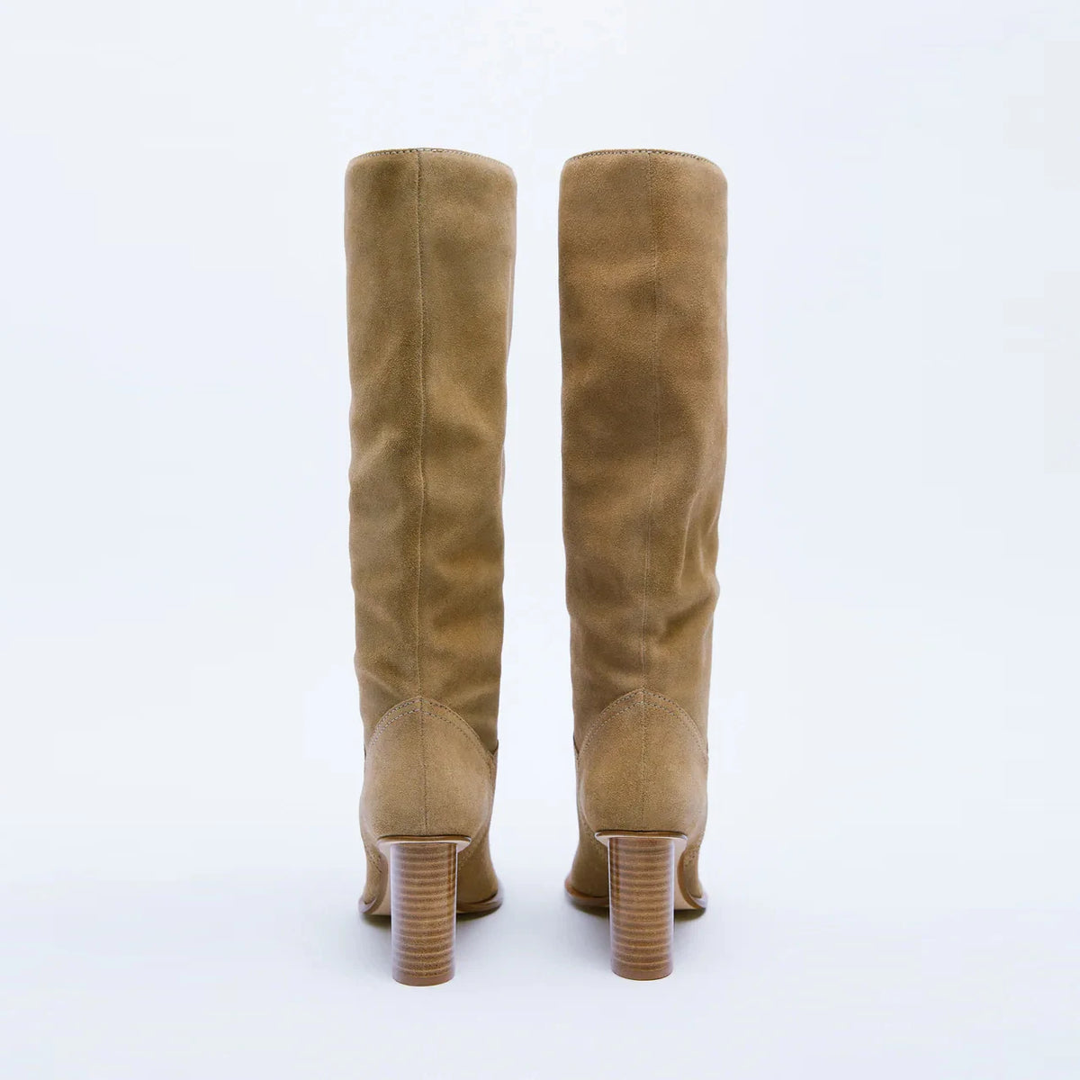 Women's Knee High Boots – Tan Suede Slouch Boots with Block Heel
