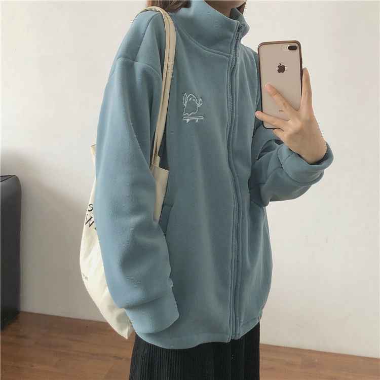 Double sided fleece jacket for women autumn and winter semi high neck zipper cardigan hoodie for women