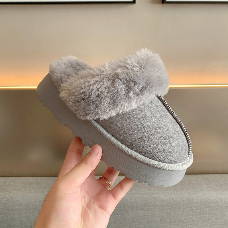 Platform Fur Cuff Slippers – Women's Suede Winter House Shoes