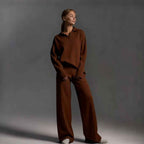 Winter Solid Color Polo Neck Wide Leg Pants Two-Piece Set for Women