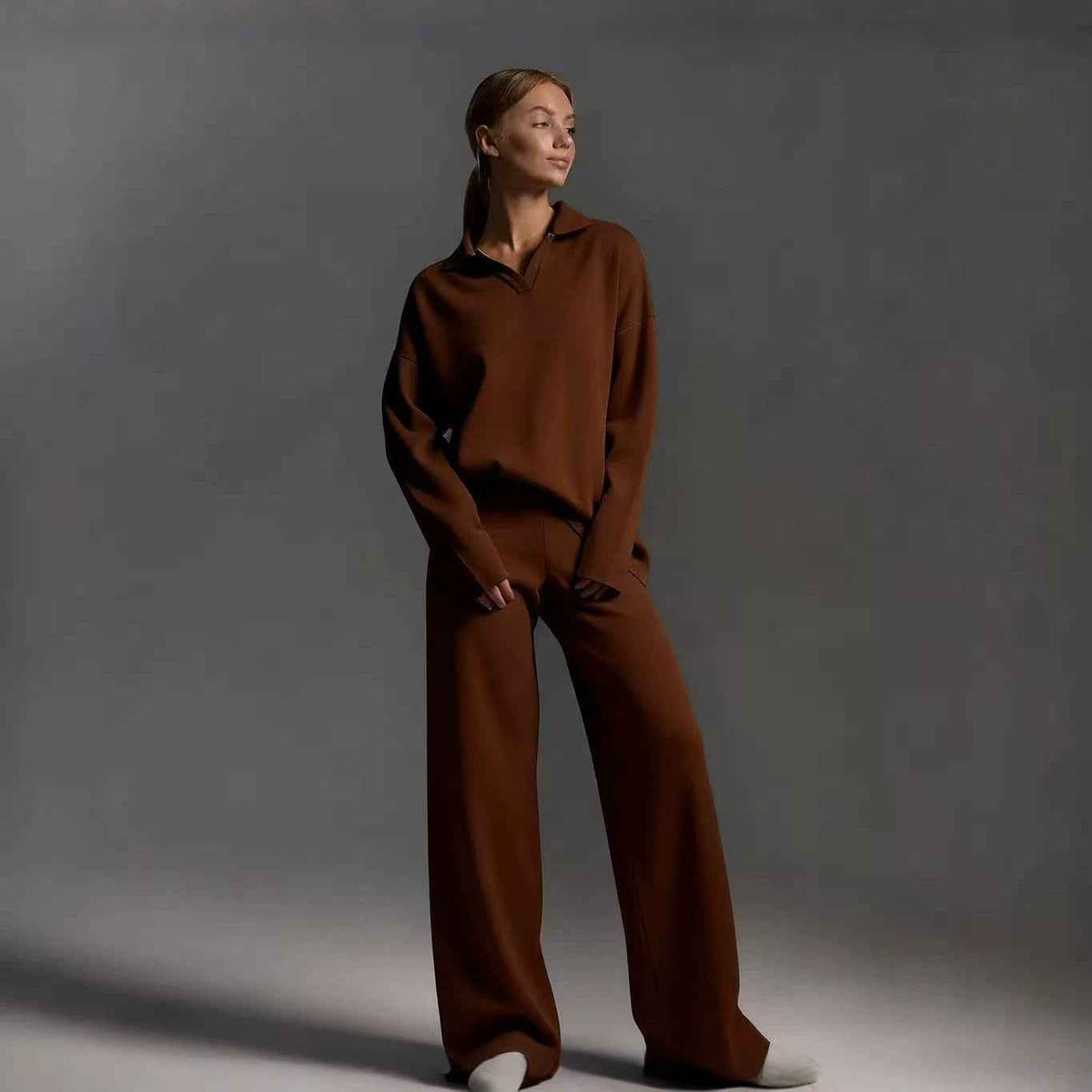 Winter Solid Color Polo Neck Wide Leg Pants Two-Piece Set for Women