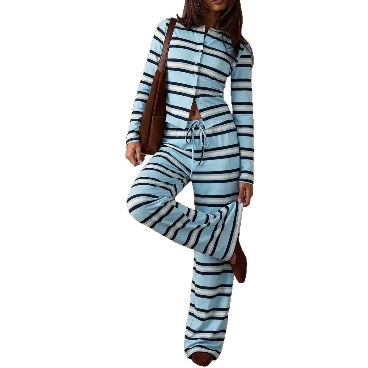 Retro Color-Block Striped Pajamas Womens Long-Sleeve Wide-Leg Pants Loungewear Two-Piece Set