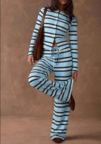 Retro Color-Block Striped Pajamas Womens Long-Sleeve Wide-Leg Pants Loungewear Two-Piece Set