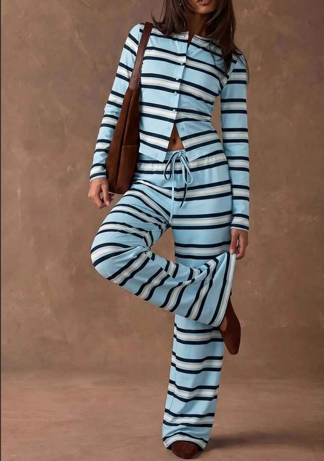 Retro Color-Block Striped Pajamas Womens Long-Sleeve Wide-Leg Pants Loungewear Two-Piece Set