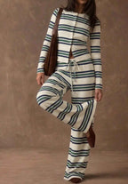 Retro Color-Block Striped Pajamas Womens Long-Sleeve Wide-Leg Pants Loungewear Two-Piece Set