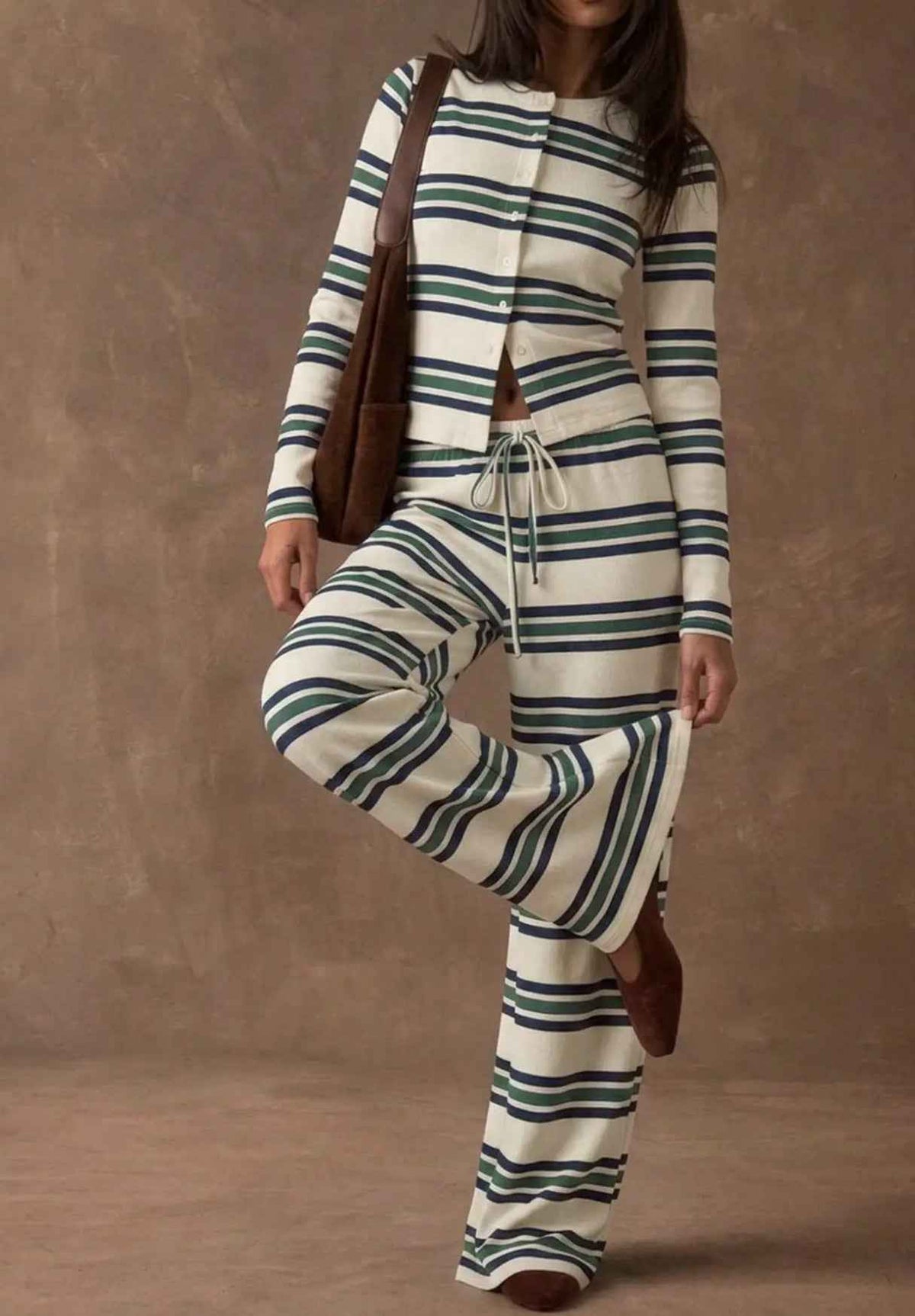 Retro Color-Block Striped Pajamas Womens Long-Sleeve Wide-Leg Pants Loungewear Two-Piece Set
