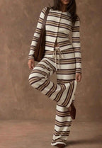 Retro Color-Block Striped Pajamas Womens Long-Sleeve Wide-Leg Pants Loungewear Two-Piece Set