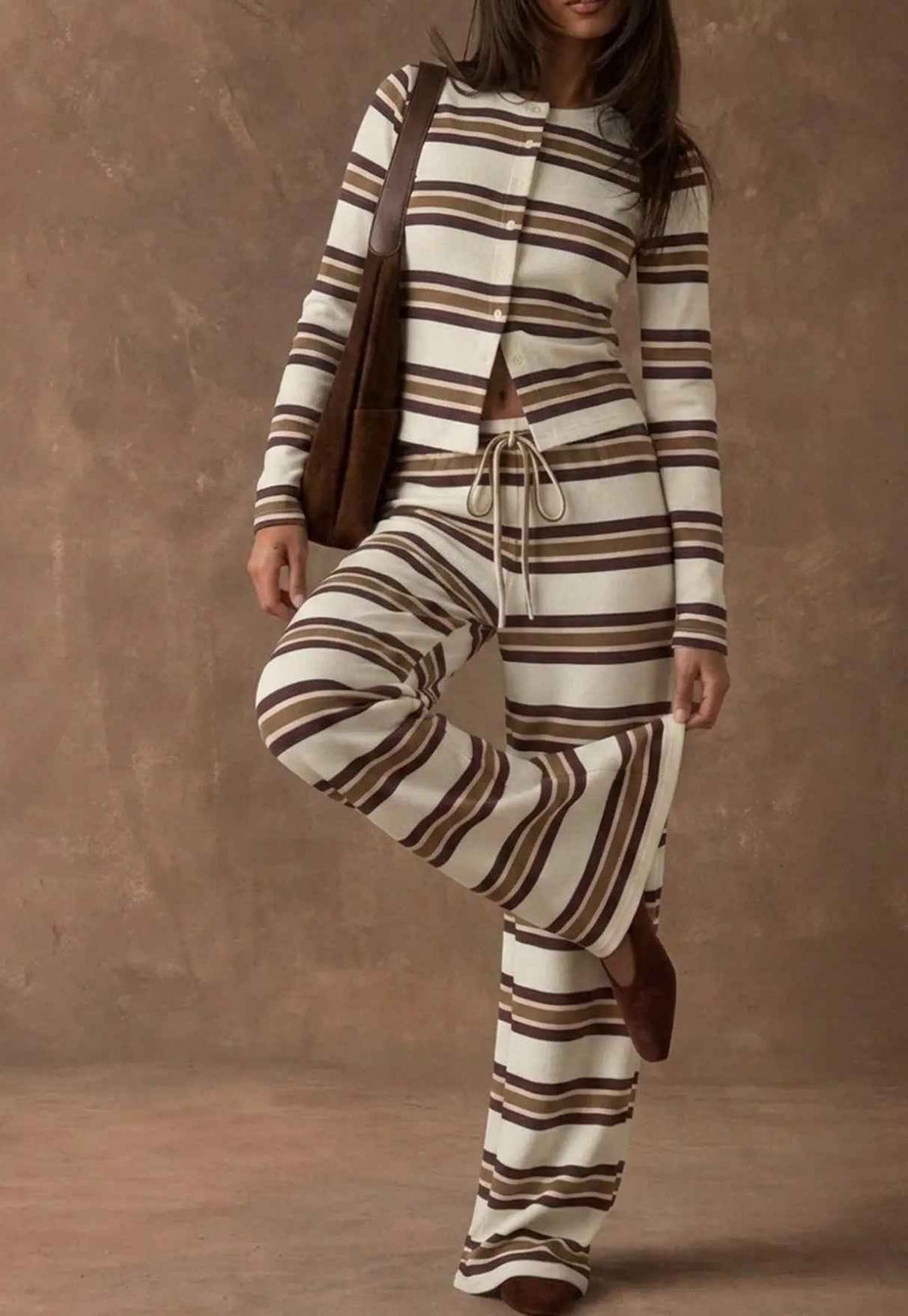 Retro Color-Block Striped Pajamas Womens Long-Sleeve Wide-Leg Pants Loungewear Two-Piece Set